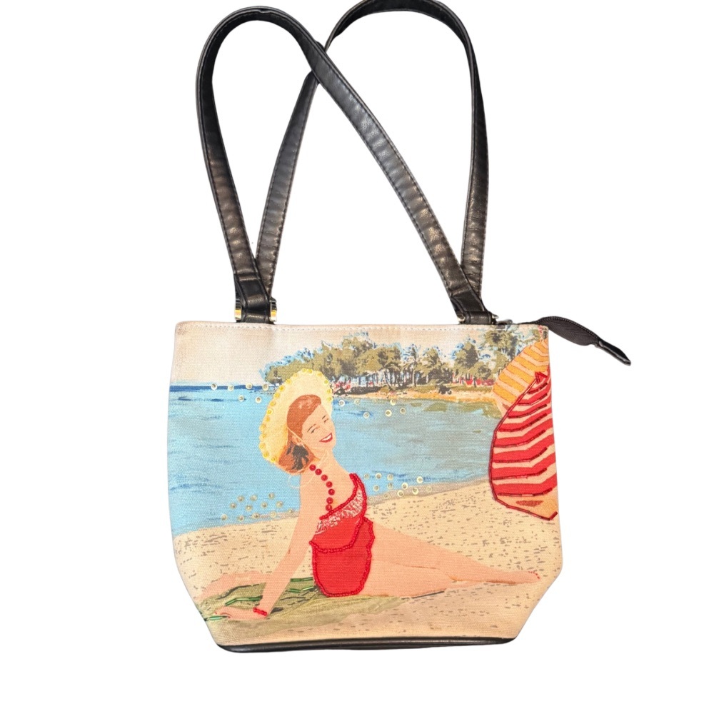 Vintage Beach Girl Canvas Shoulder Bag Retro Pinup Seaside Beaded Embroidery